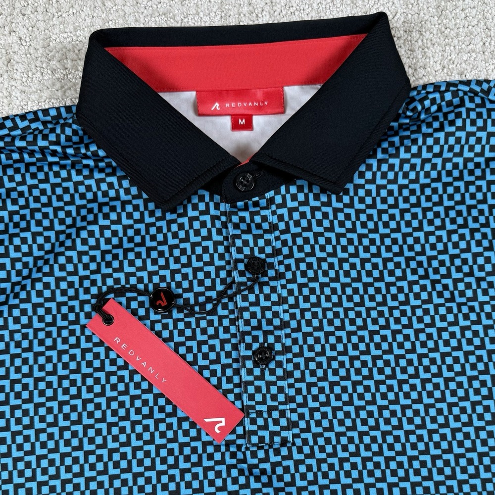 NWT Redvanly Men's Medium Blake Blue Black AOP Geometric Stretch Golf Polo Shirt